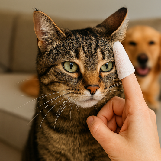 Cat looking at a finger wipe held by a person with a dog in the background