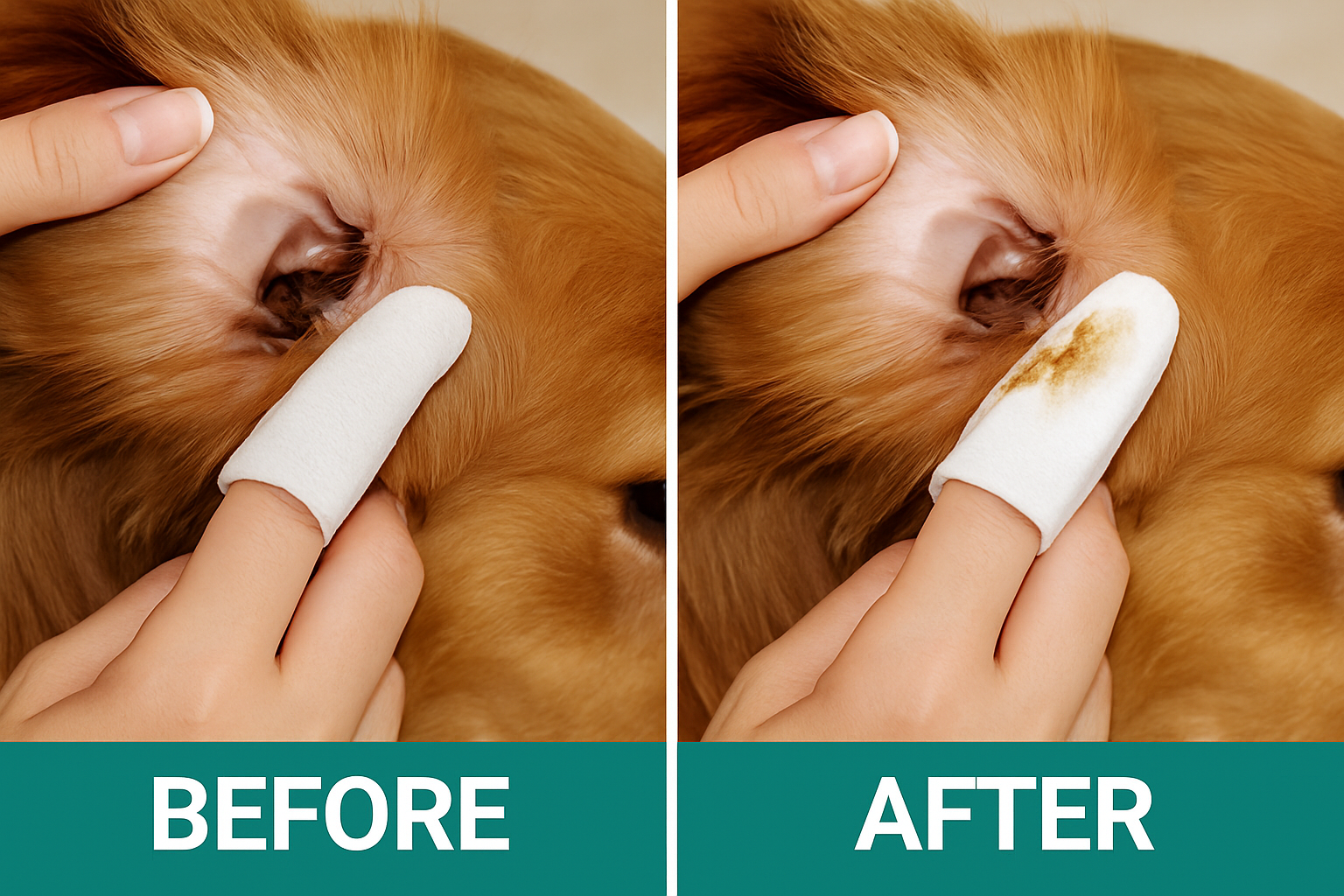 Before and after comparison of a dog's eye with a wipe application.