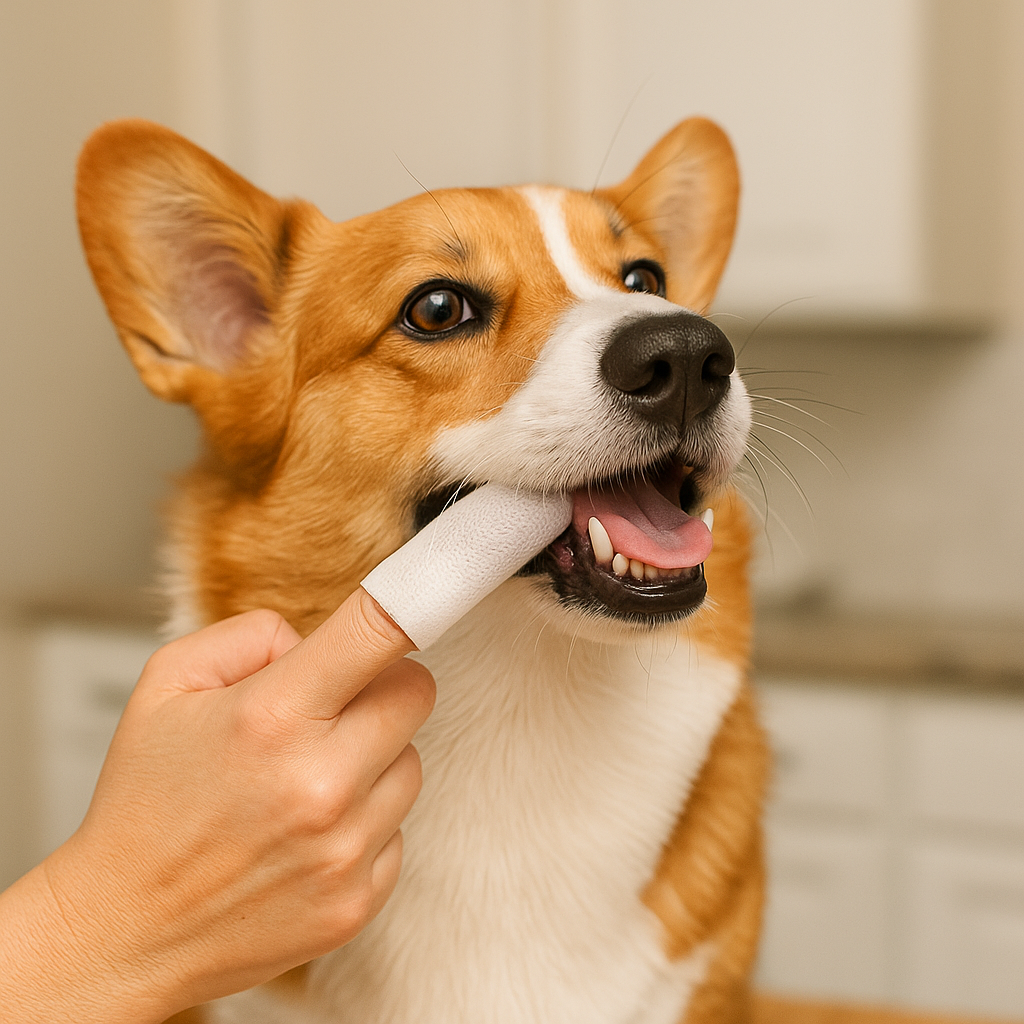 Corgi dog being held by a person as they brush its teeth.