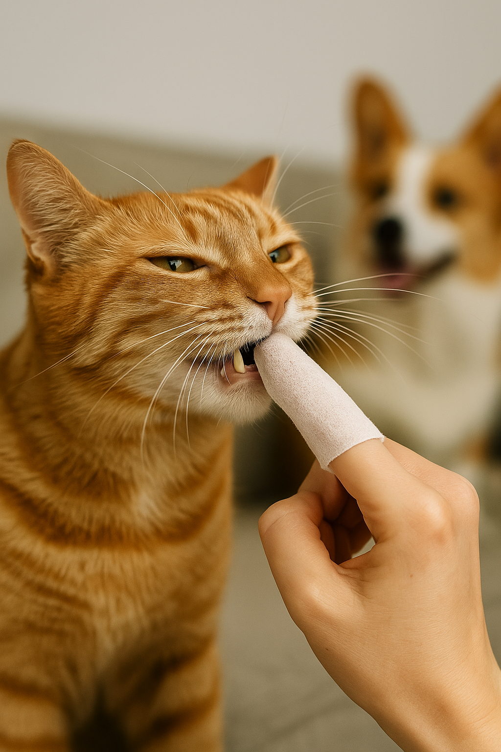 Cat interacting with a finger wearing a white tooth wipe, with a dog in the background.