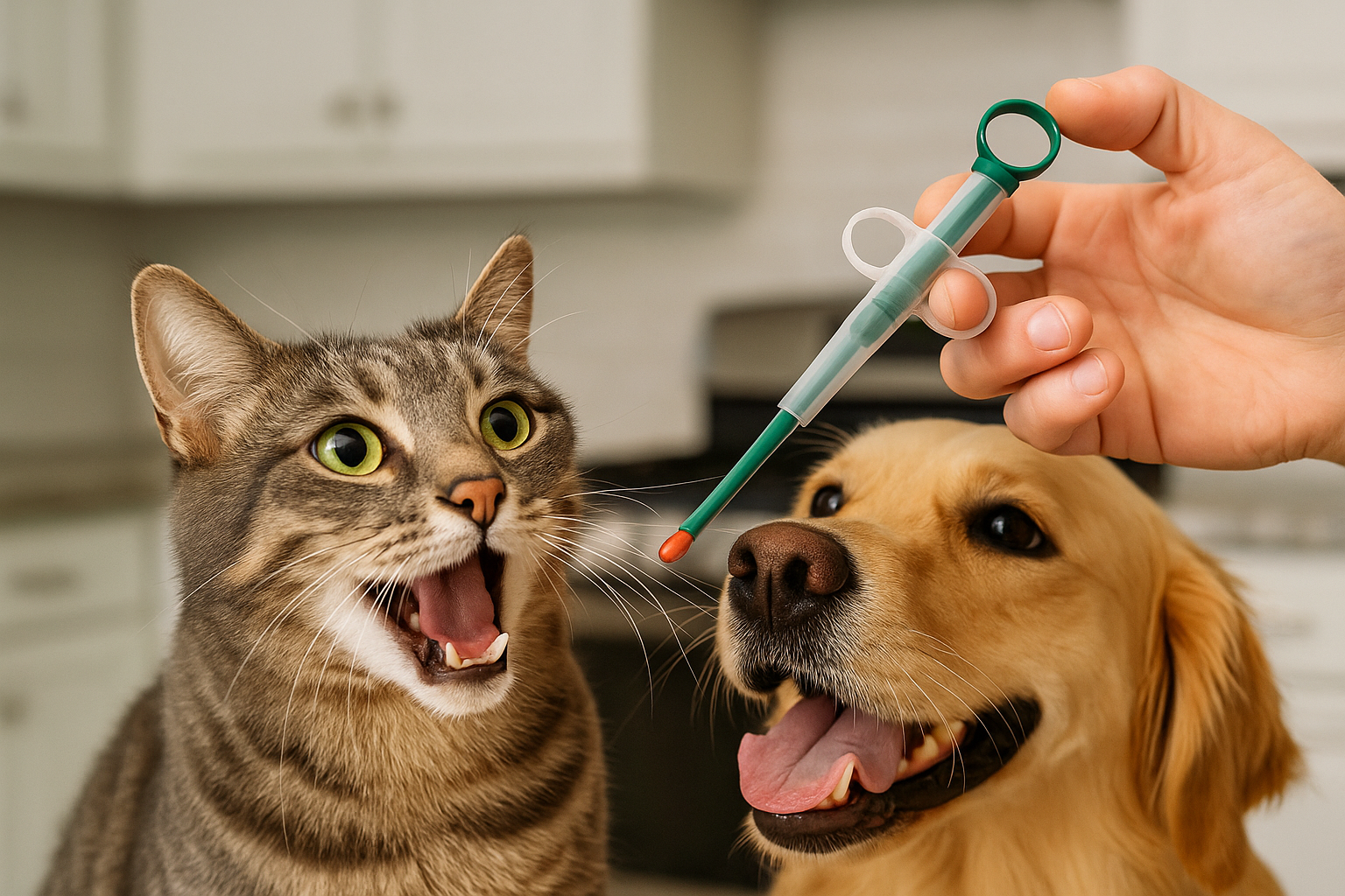 Gray cat receiving a pill with a feeding syringe for pets