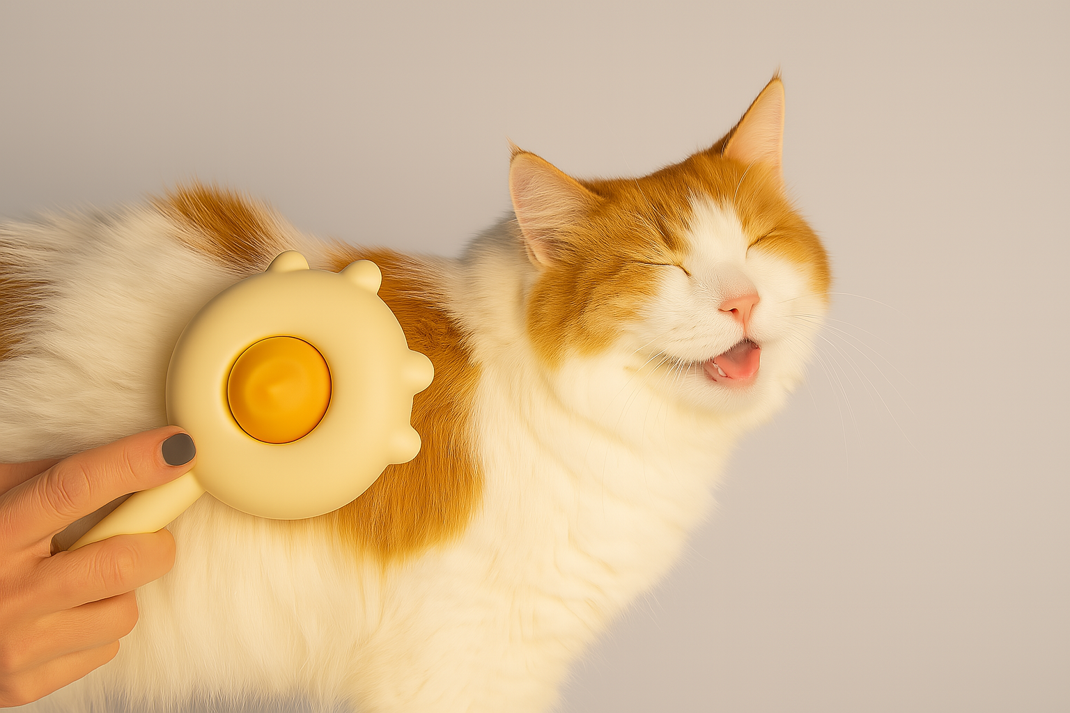 Pet grooming brush removing loose fur from orange and white cat