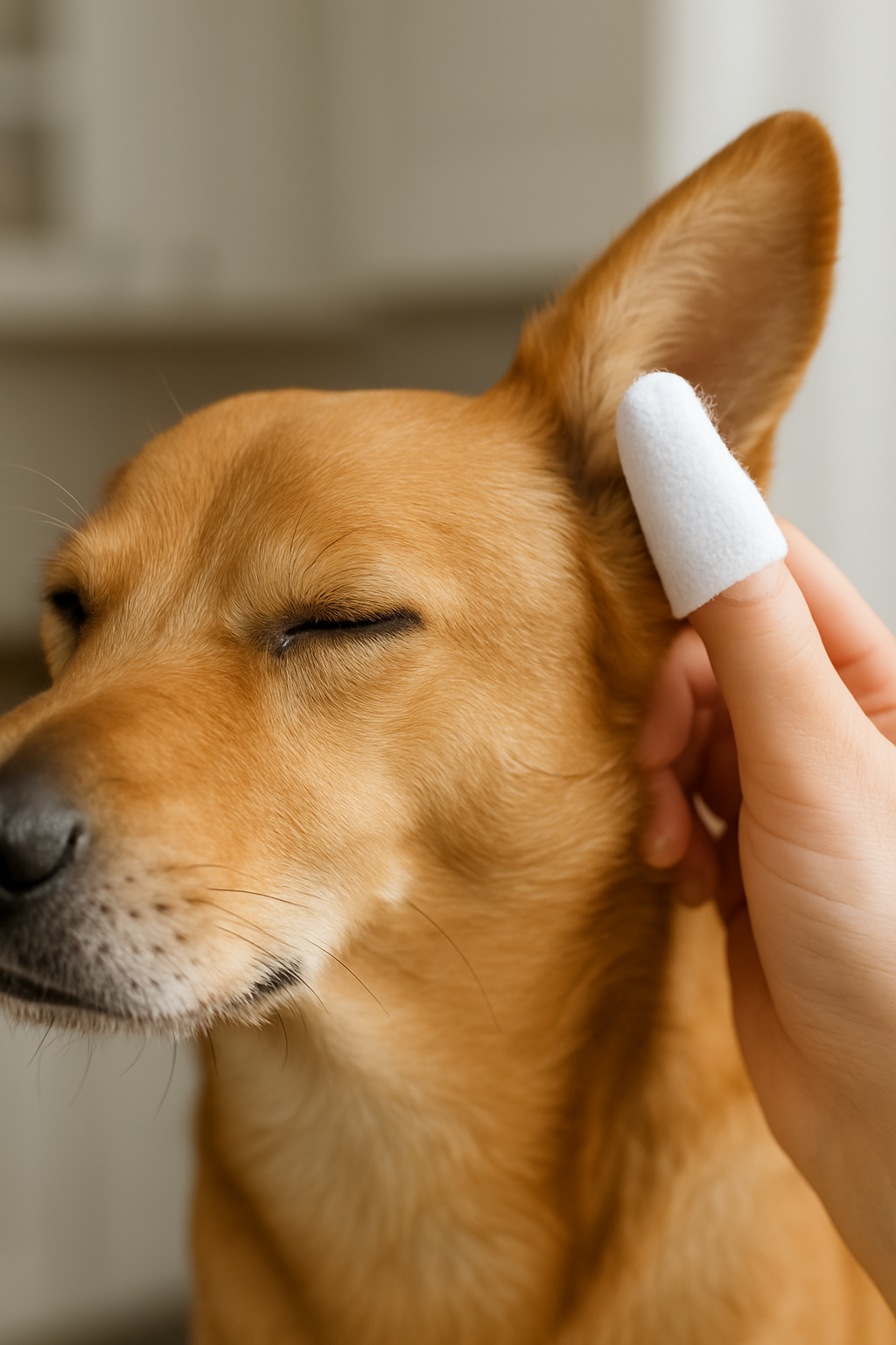 Dog with a cotton wipe in its ear, with a blurred background